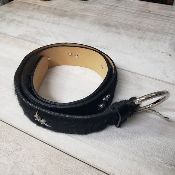 Berge Black Pony Hair Calf Hair Belt Silver Botanical Details Buckle Boho Edgy - Picture 2 of 15